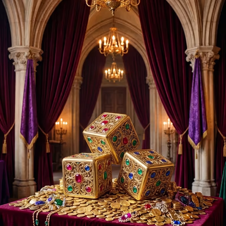 Golden gemstone-decorated dice resting on a pile of coins at LuckyMinning Casino.